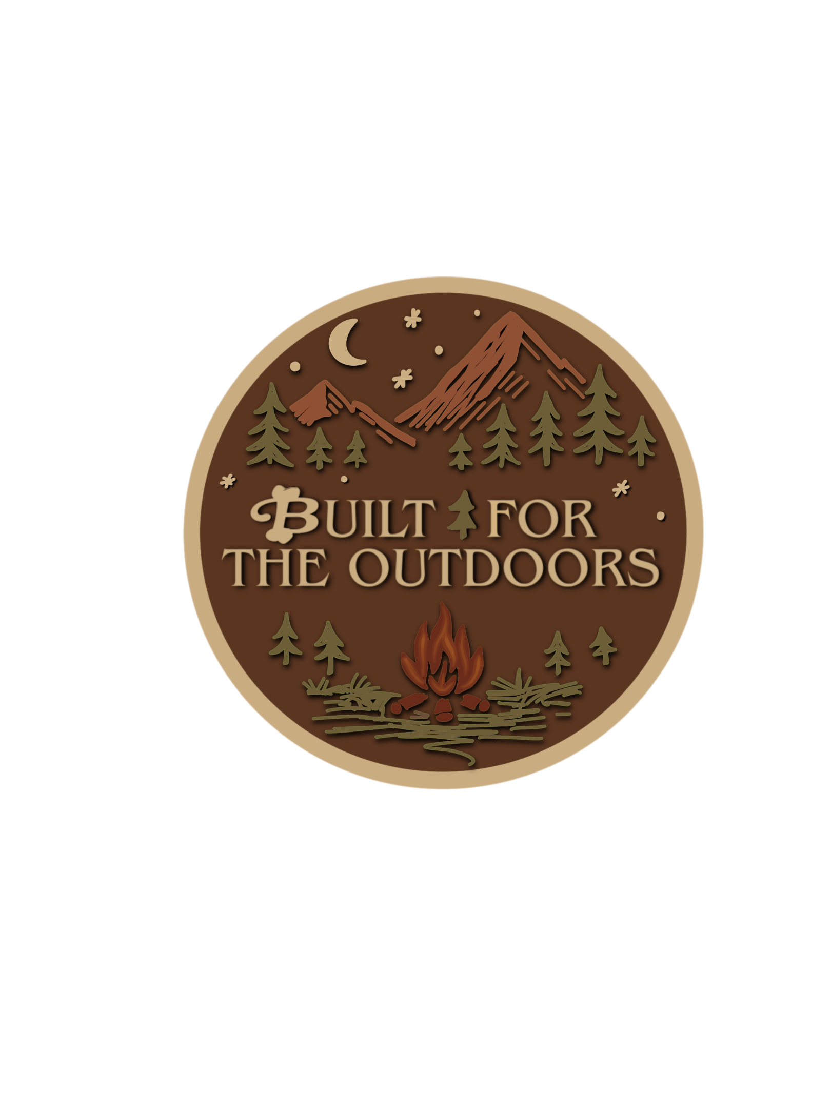 Round badge with mountain, trees, and campfire design, featuring 'Built for the Outdoors' text.